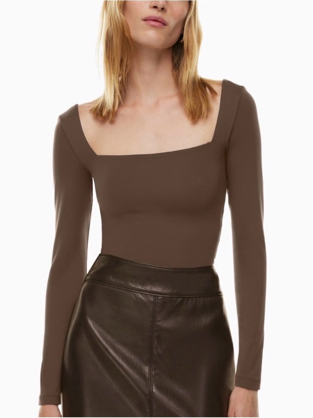 Babaton Brown Square Neck Long Sleeve Top